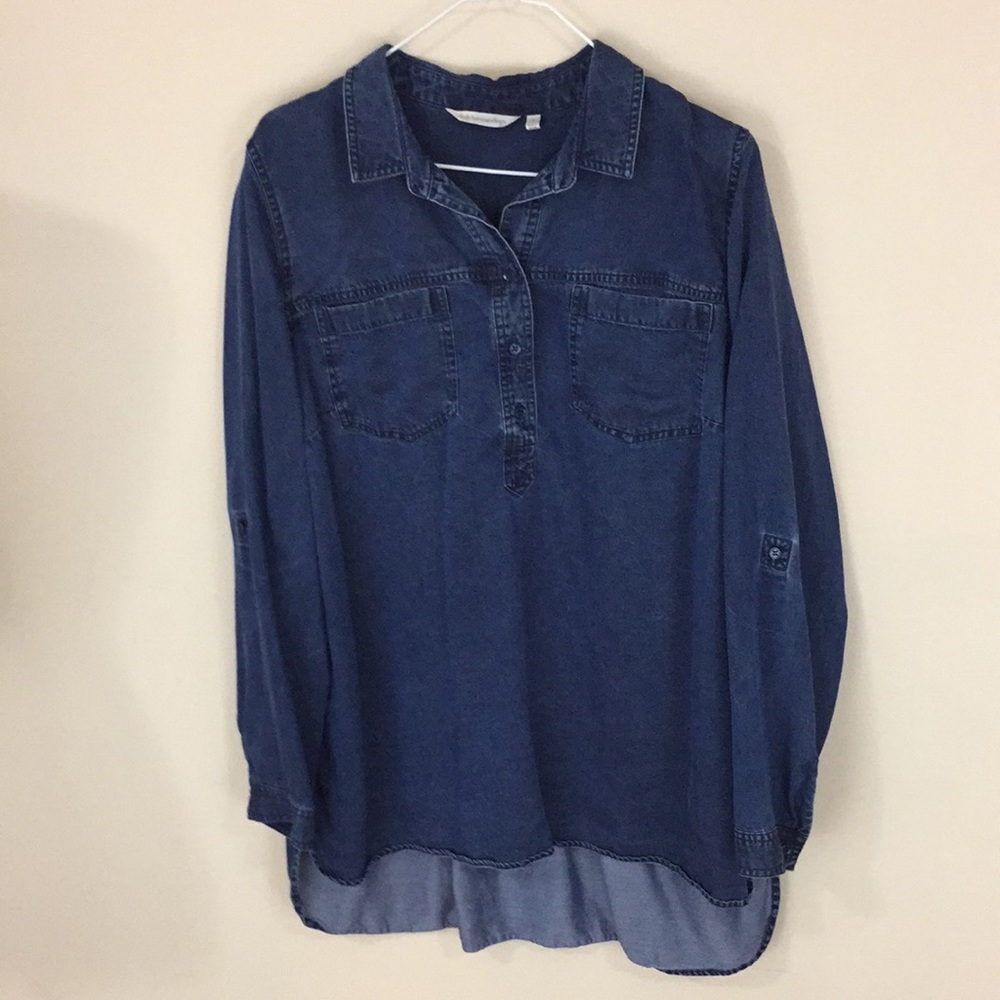 Soft Surroundings Blue Denim Look Button Down Tab Top Shirt Tunic Size Large